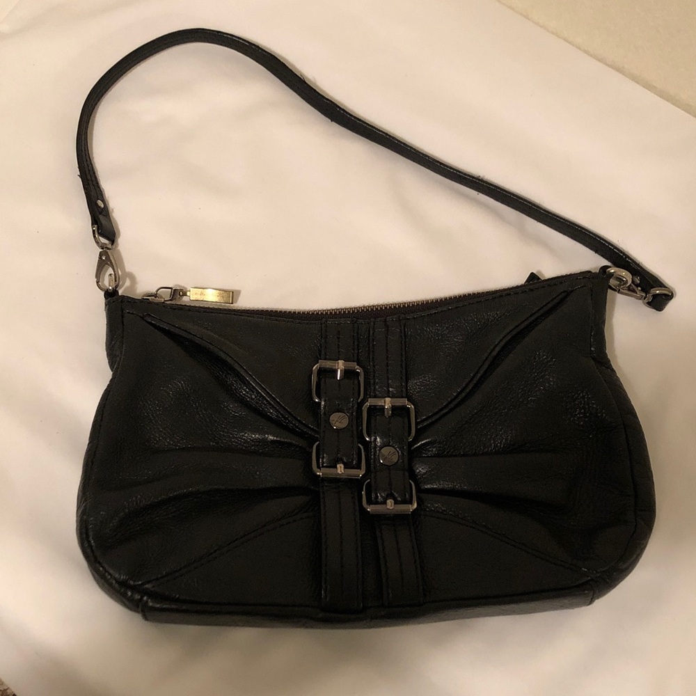 Kenneth Cole Black Leather Shoulder Bag with Silver Buckle